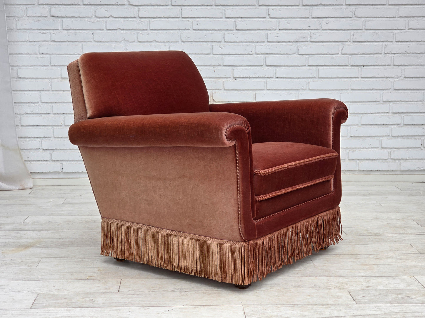 1970s, Danish armchair, salmon pink furniture velour, beech wood.