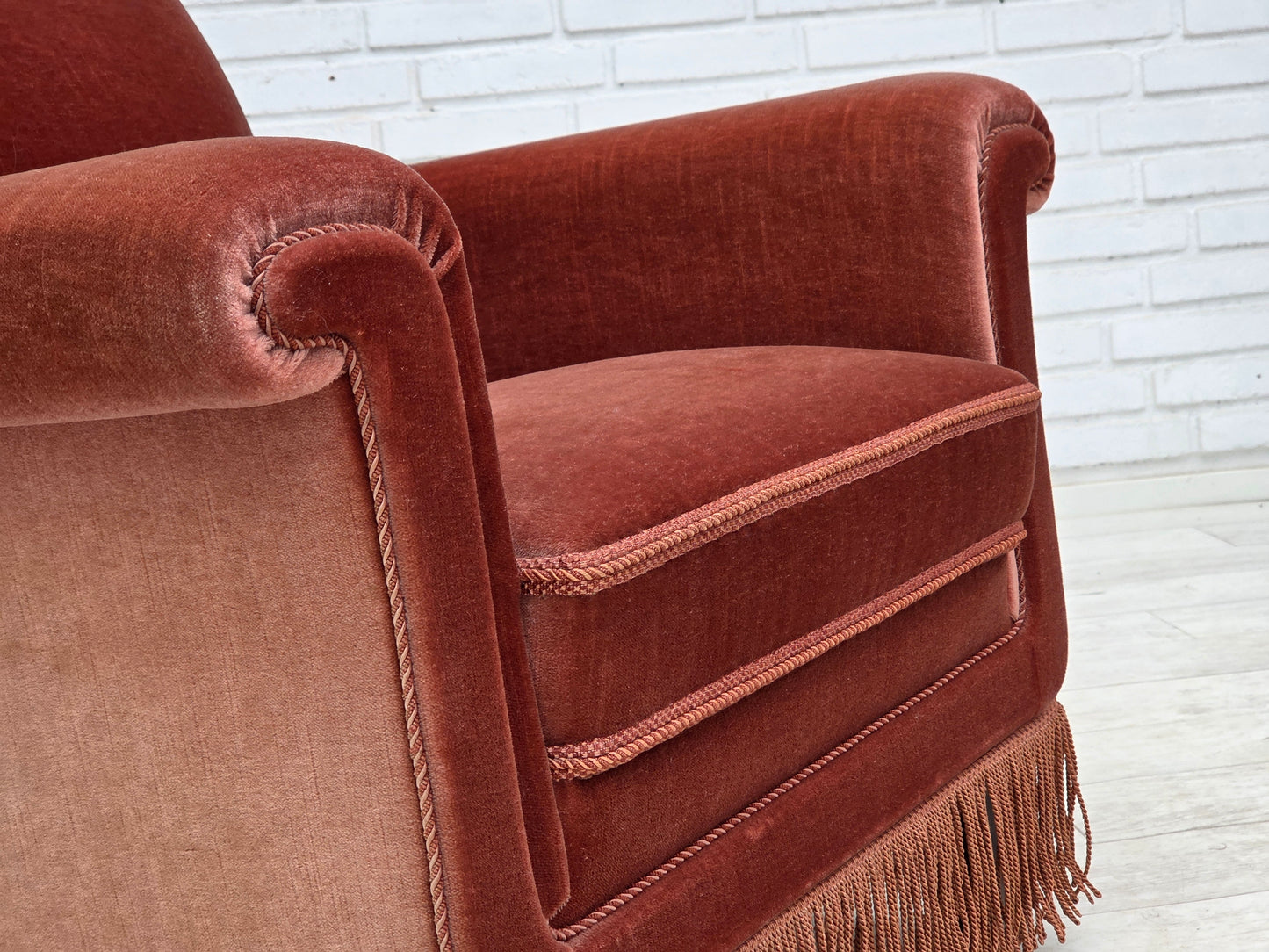 1970s, Danish armchair, salmon pink furniture velour, beech wood.