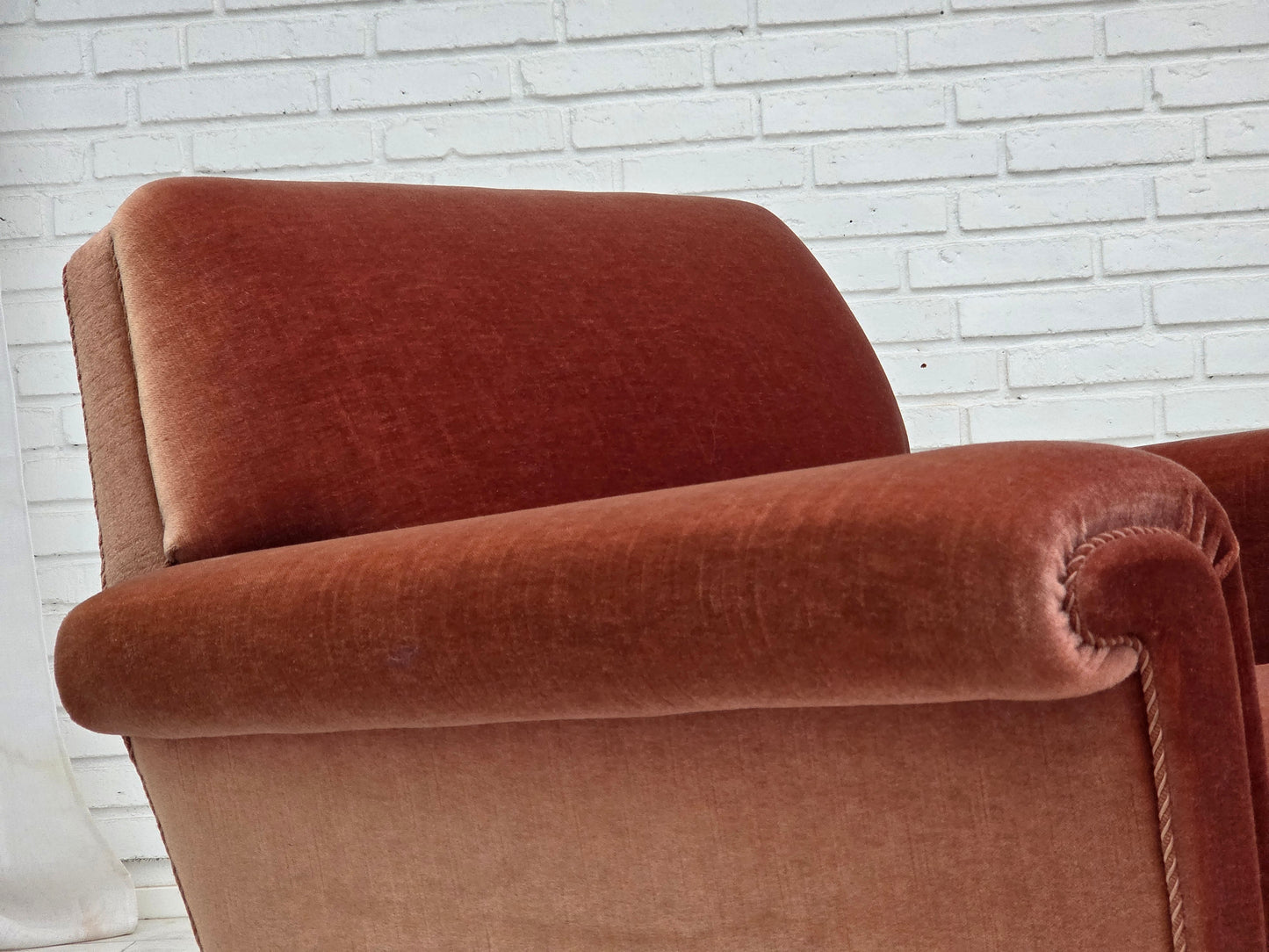 1970s, Danish armchair, salmon pink furniture velour, beech wood.