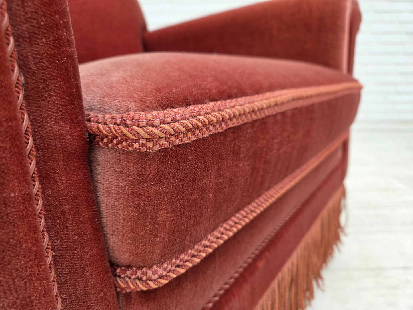 1970s, Danish armchair, salmon pink furniture velour, beech wood.