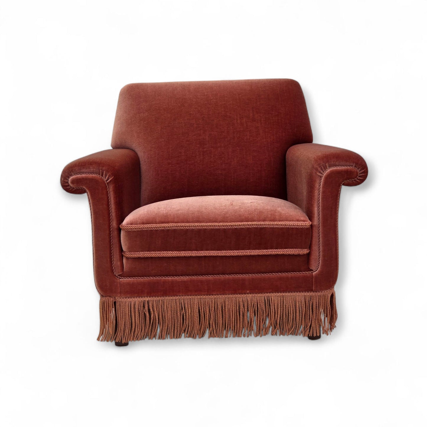 1970s, Danish armchair, salmon pink furniture velour, beech wood.