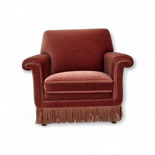 1970s, Danish armchair, salmon pink furniture velour, beech wood.