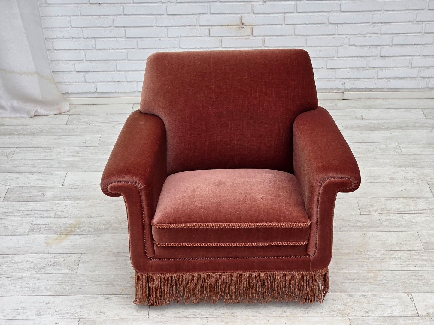 1970s, Danish armchair, salmon pink furniture velour, beech wood.