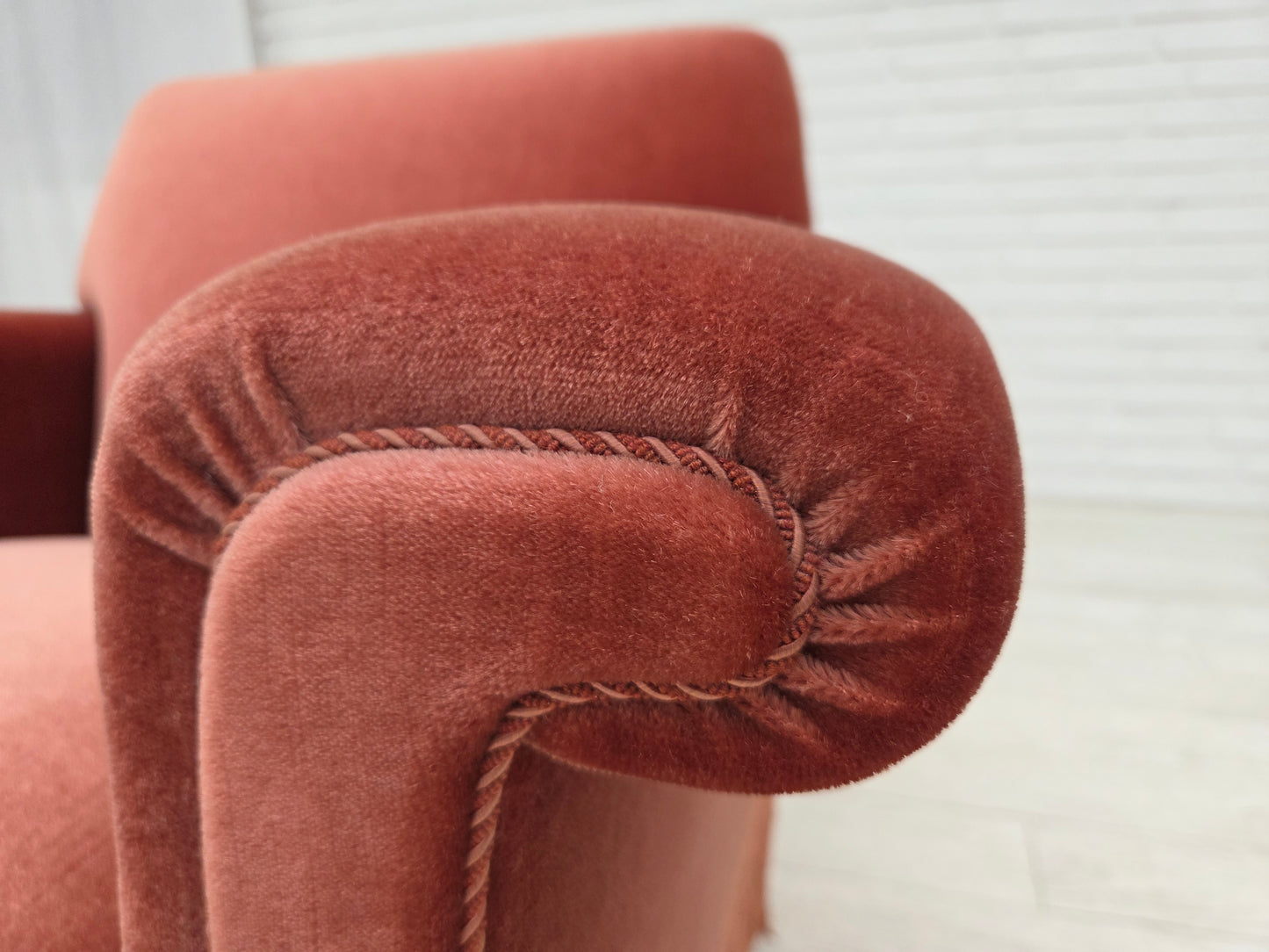 1970s, Danish armchair, salmon pink furniture velour, beech wood.