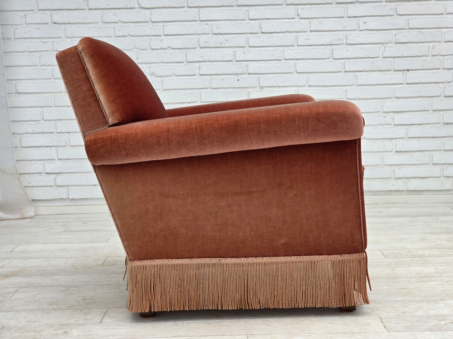 1970s, Danish armchair, salmon pink furniture velour, beech wood.