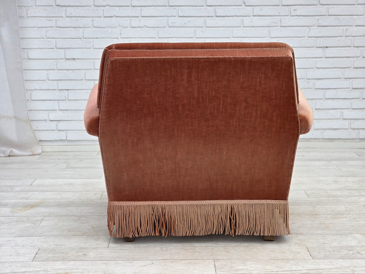 1970s, Danish armchair, salmon pink furniture velour, beech wood.