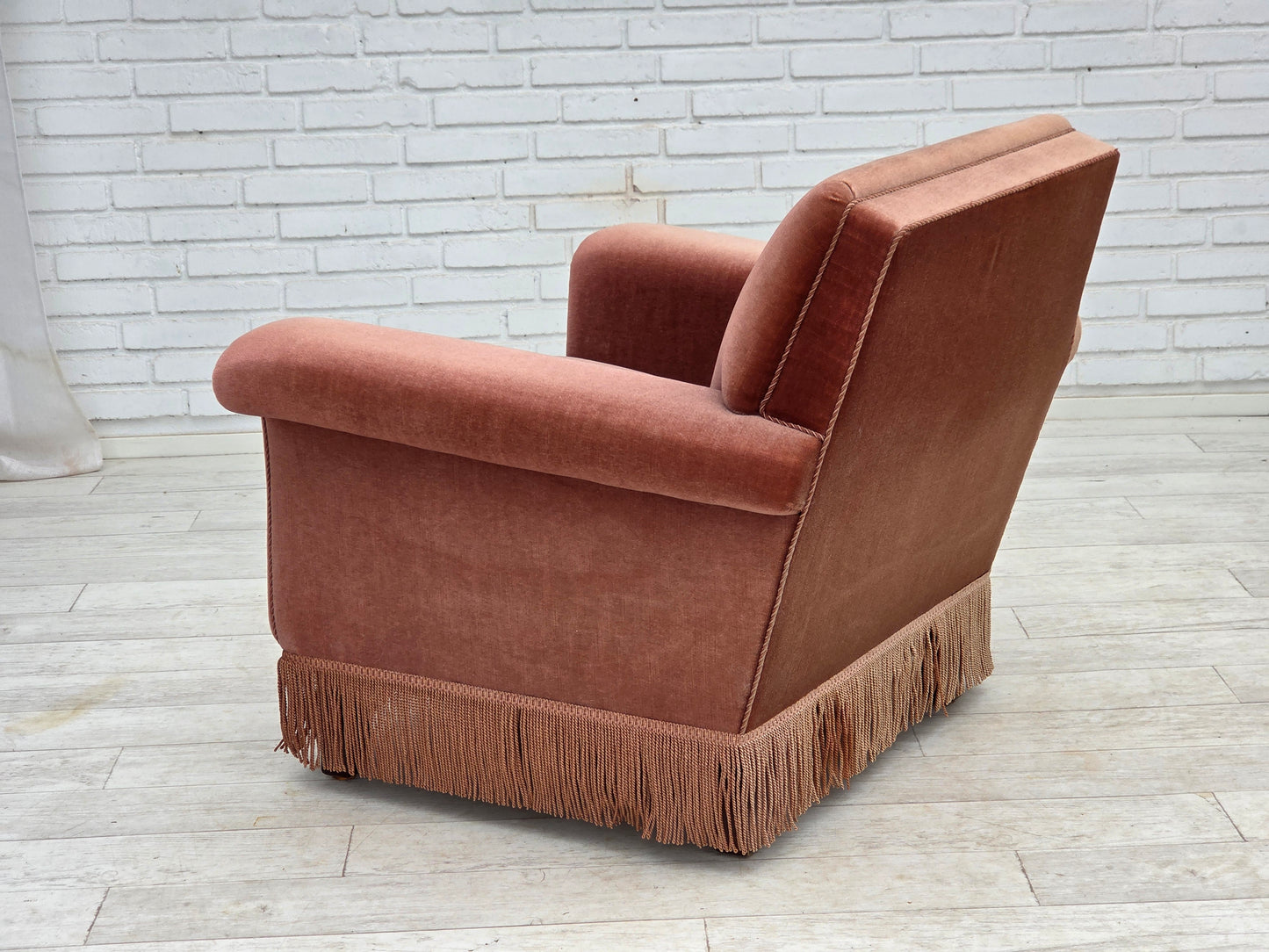 1970s, Danish armchair, salmon pink furniture velour, beech wood.