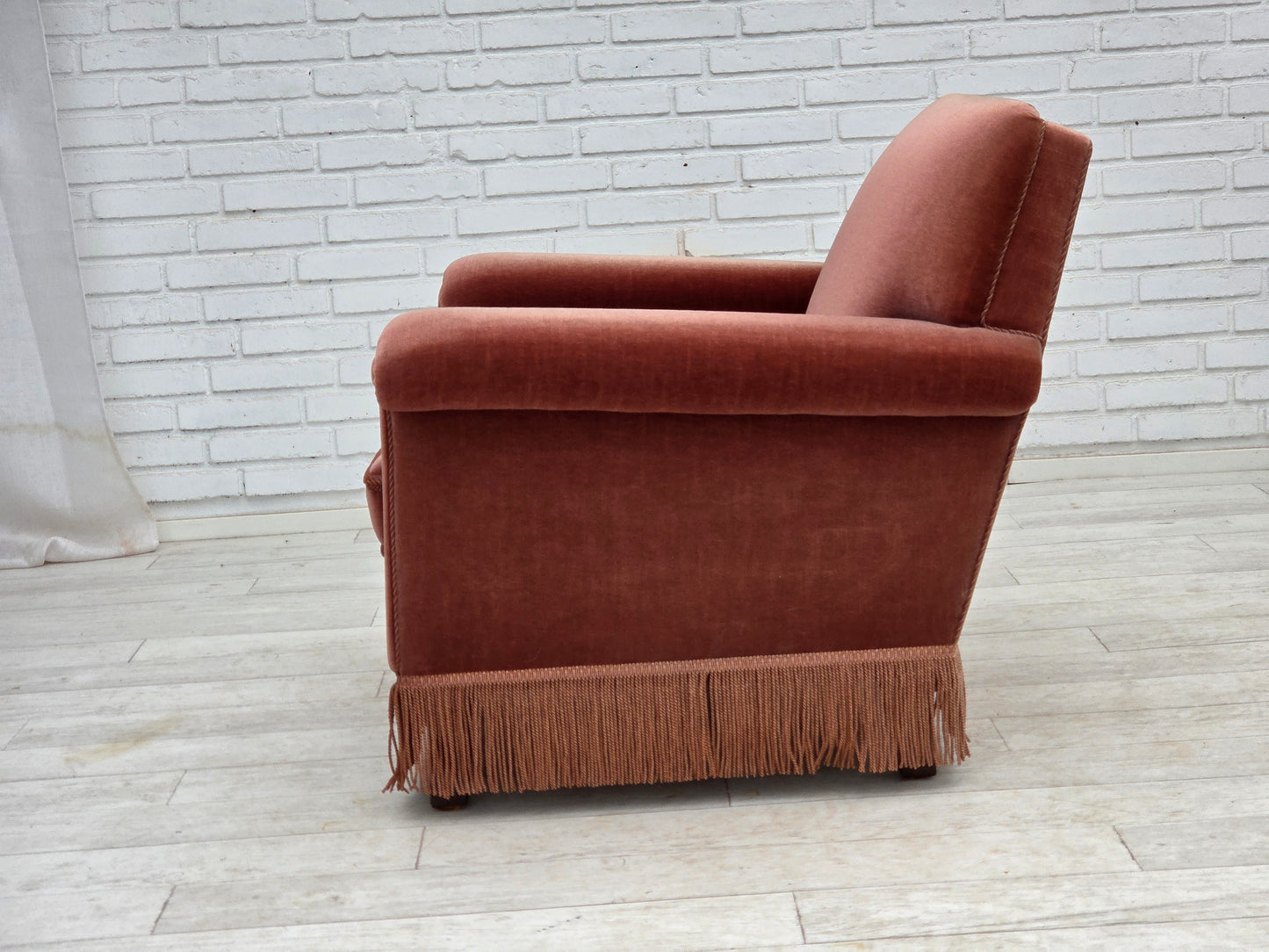 1970s, Danish armchair, salmon pink furniture velour, beech wood.