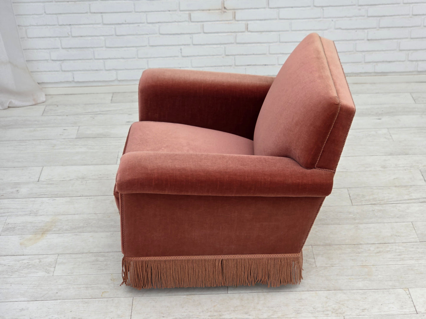 1970s, Danish armchair, salmon pink furniture velour, beech wood.