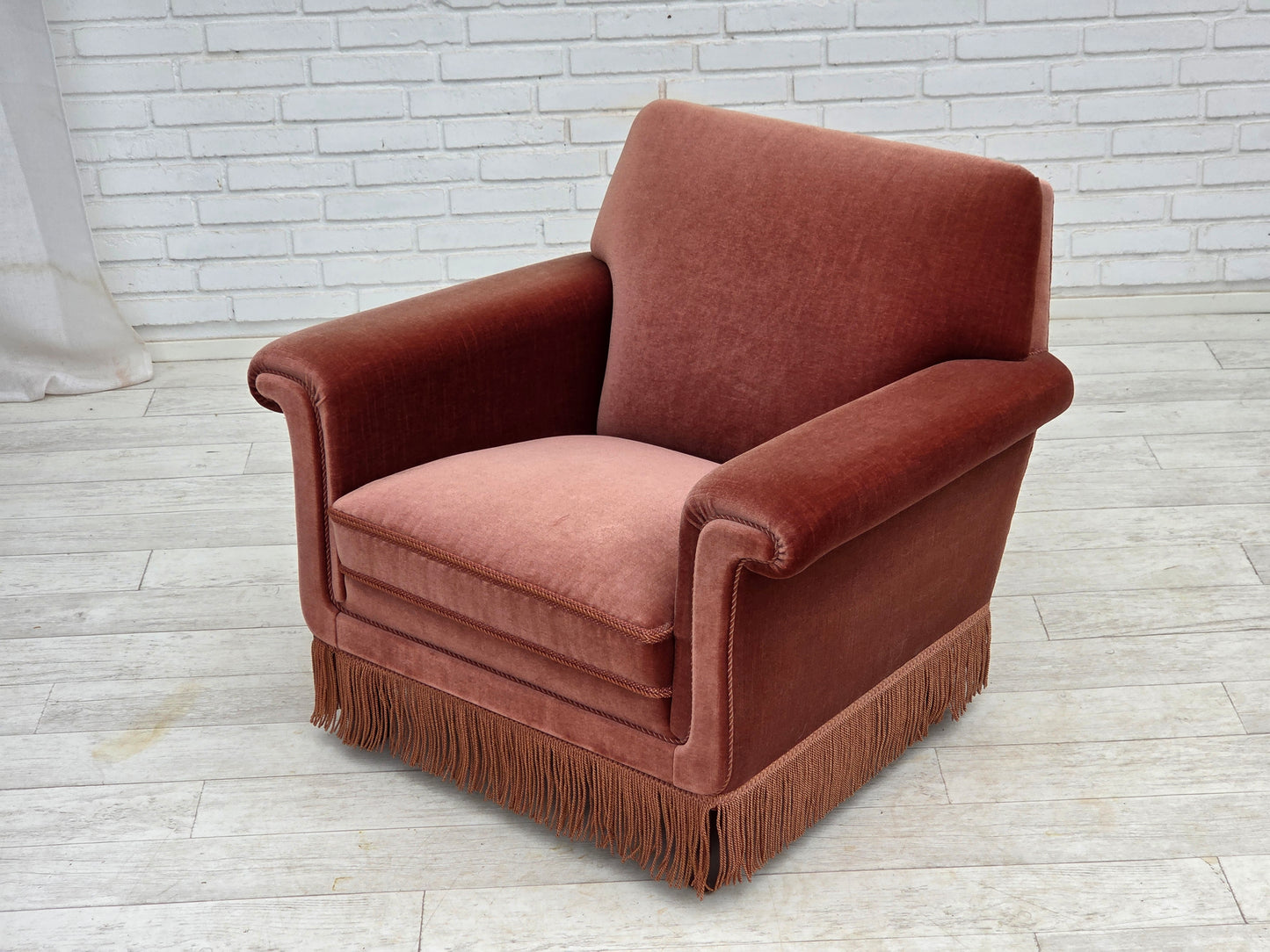 1970s, Danish armchair, salmon pink furniture velour, beech wood.