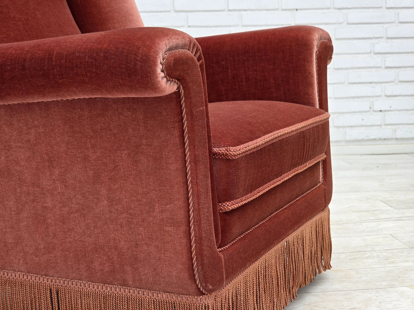 1970s, Danish highback armchair, salmon pink furniture velour, beech wood.