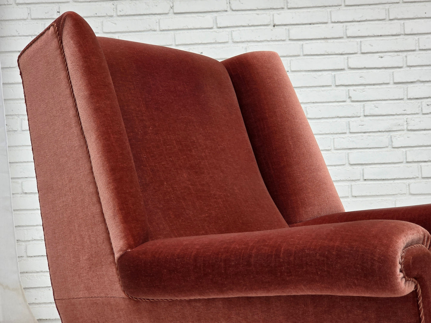 1970s, Danish highback armchair, salmon pink furniture velour, beech wood.