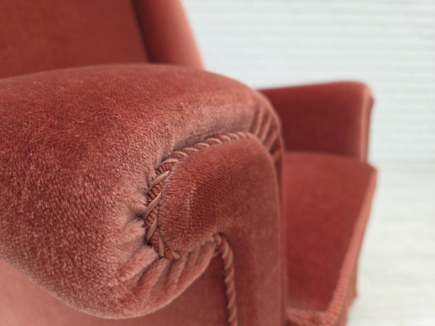 1970s, Danish highback armchair, salmon pink furniture velour, beech wood.