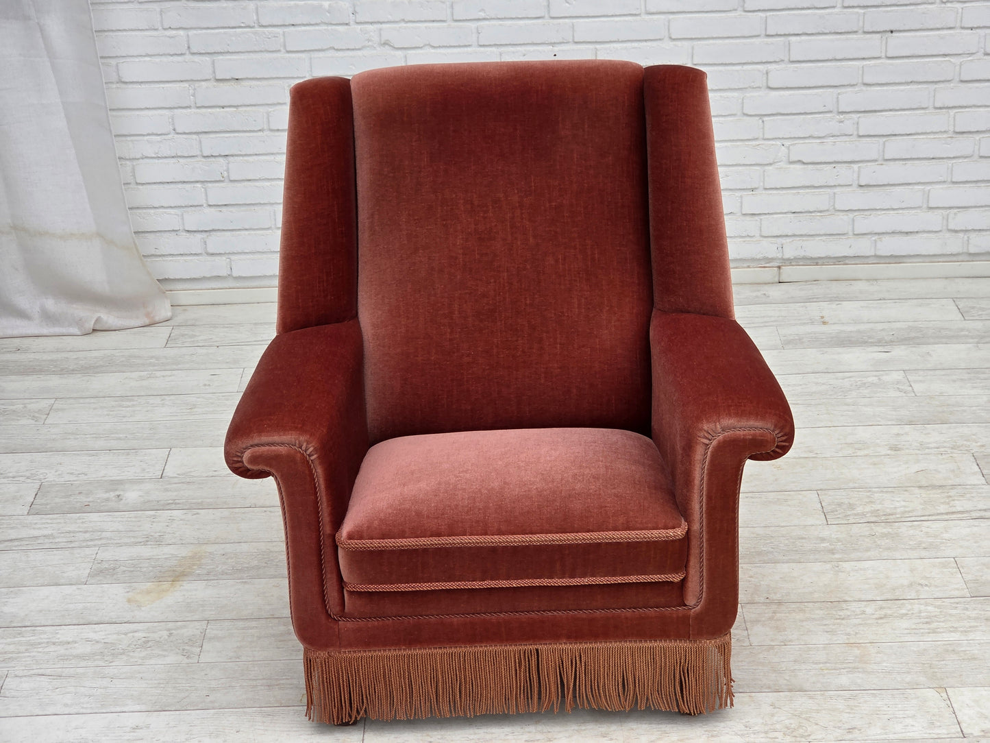1970s, Danish highback armchair, salmon pink furniture velour, beech wood.