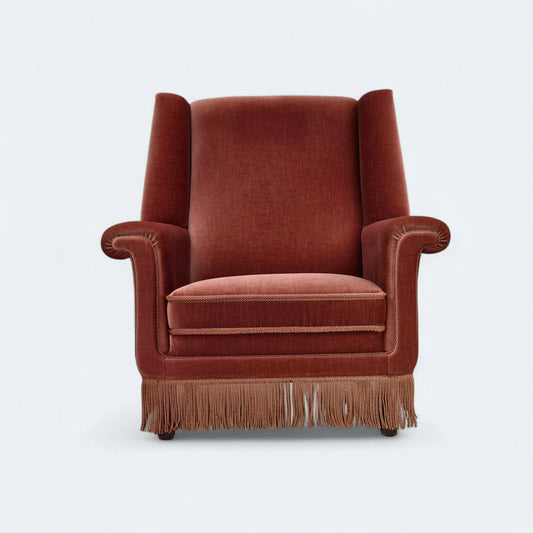 1970s, Danish highback armchair, salmon pink furniture velour, beech wood.