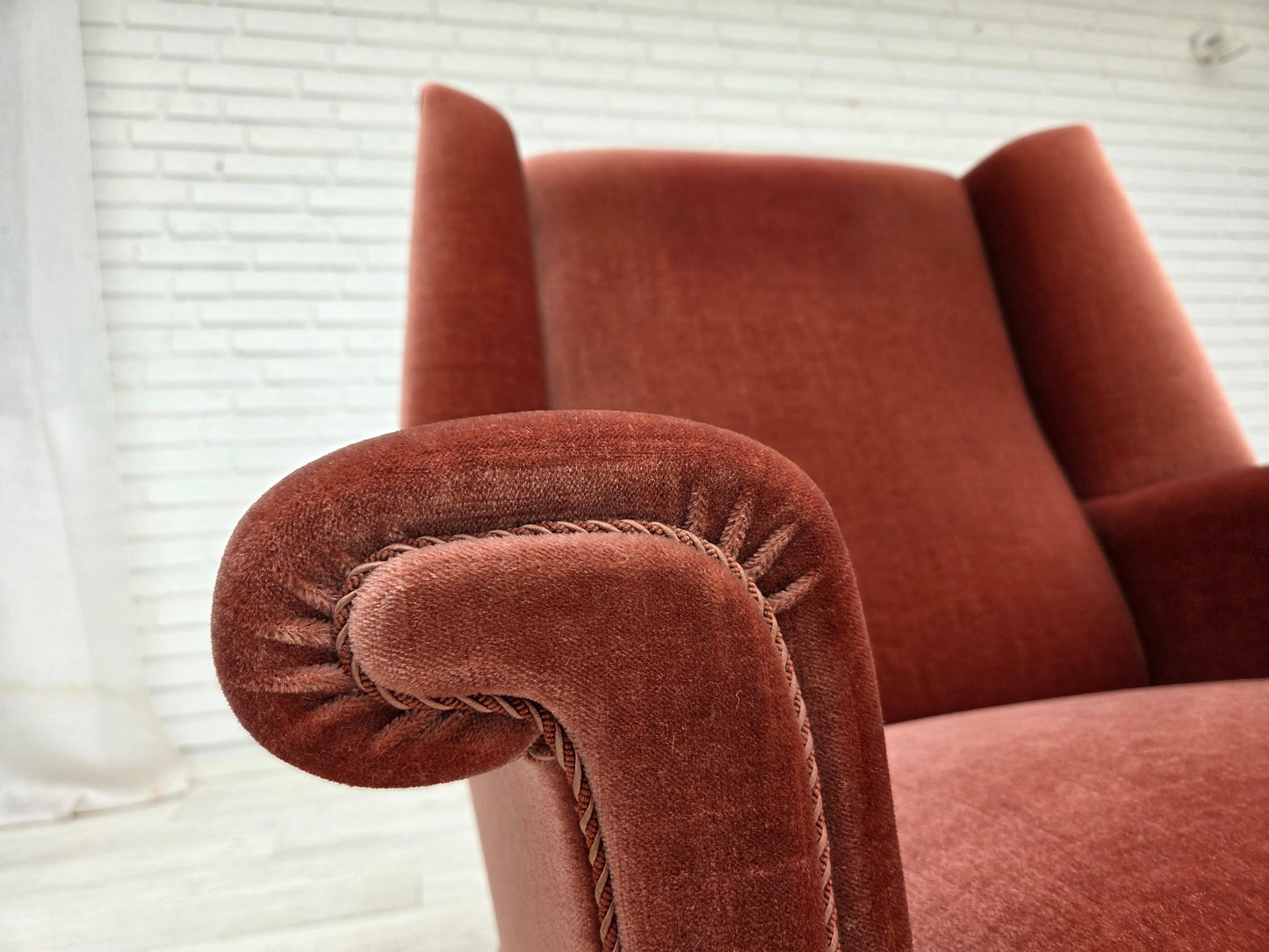 1970s, Danish highback armchair, salmon pink furniture velour, beech wood.