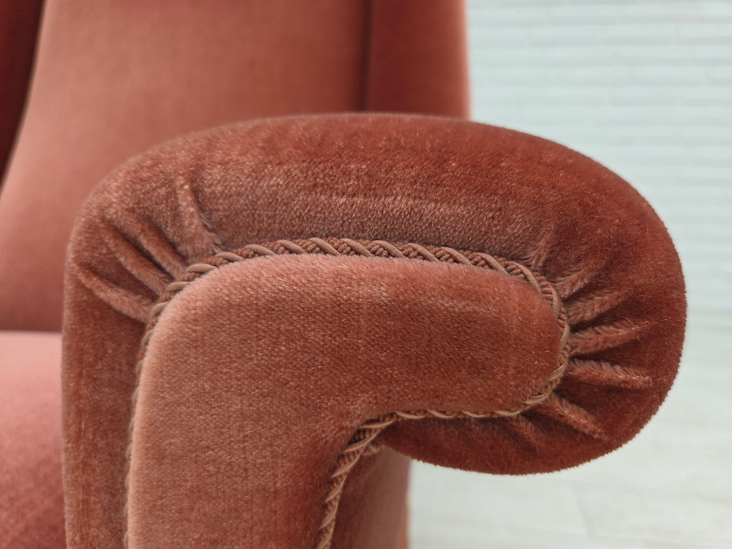 1970s, Danish highback armchair, salmon pink furniture velour, beech wood.