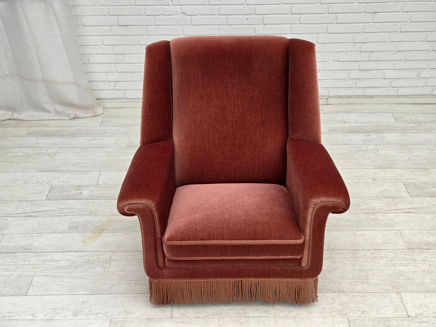 1970s, Danish highback armchair, salmon pink furniture velour, beech wood.