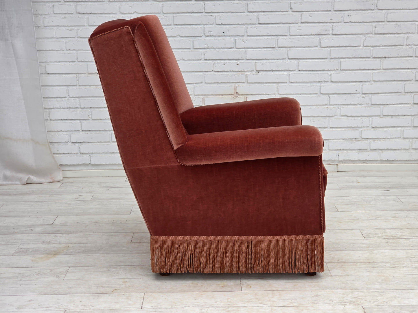 1970s, Danish highback armchair, salmon pink furniture velour, beech wood.