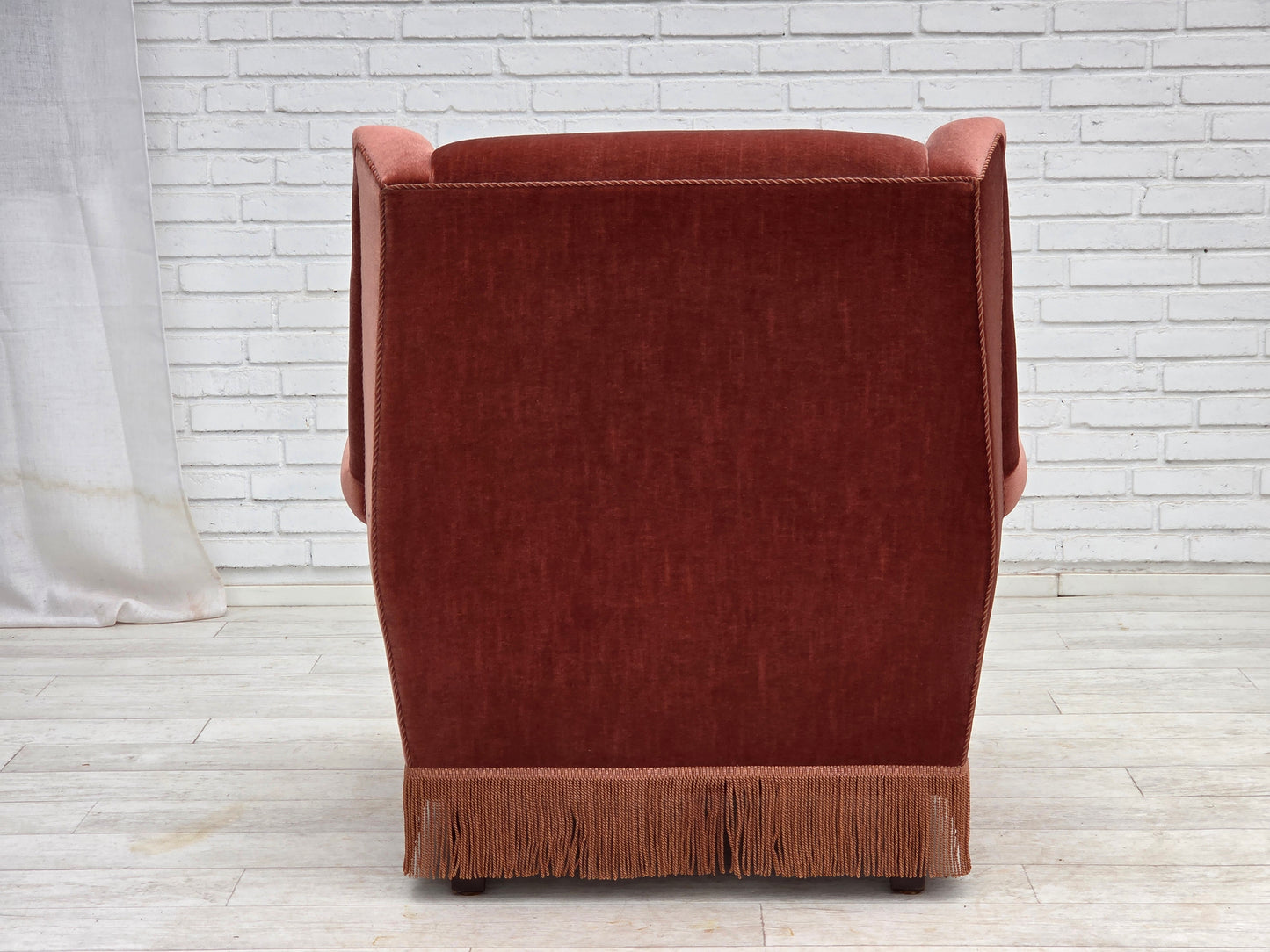 1970s, Danish highback armchair, salmon pink furniture velour, beech wood.