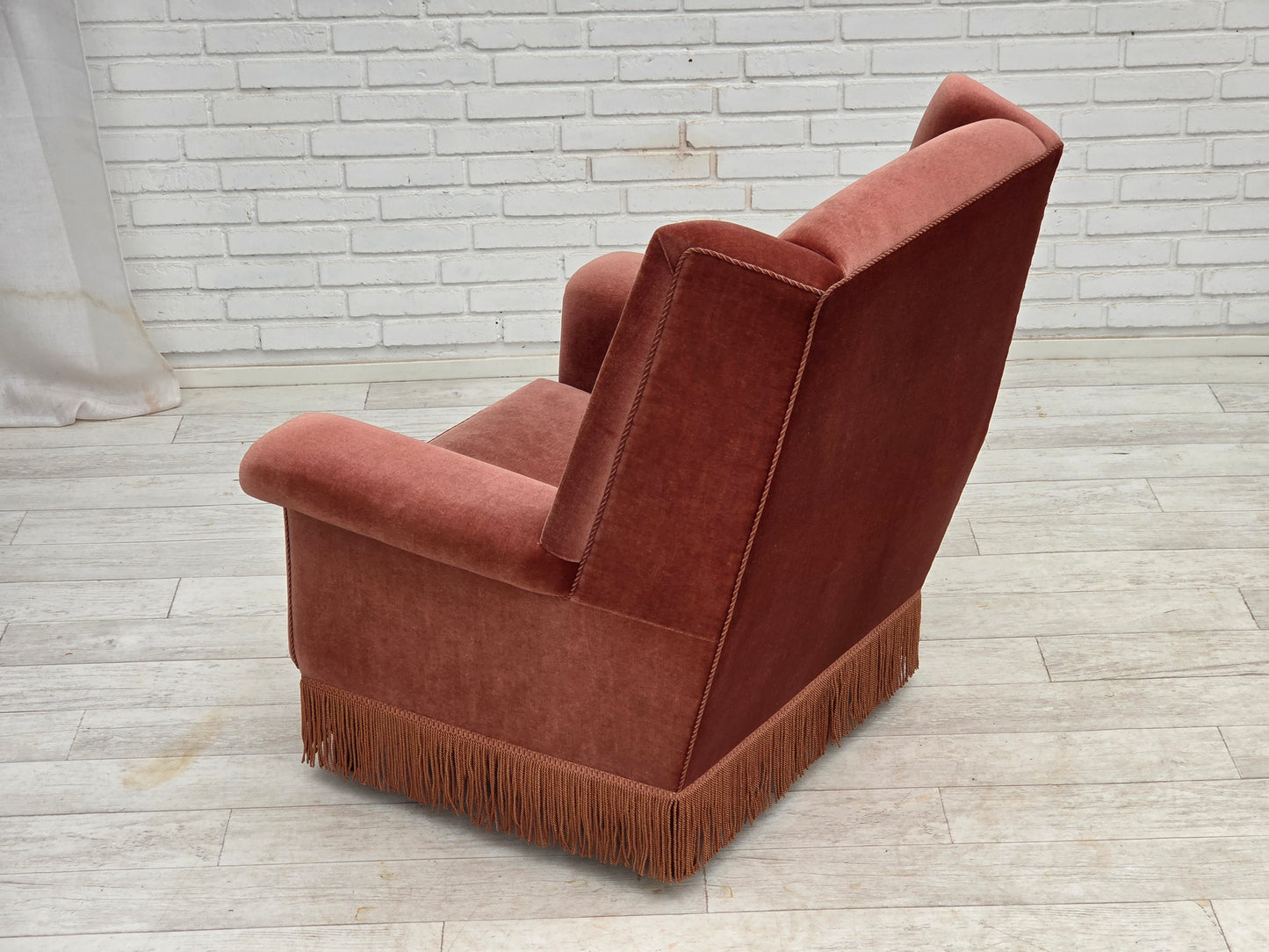 1970s, Danish highback armchair, salmon pink furniture velour, beech wood.