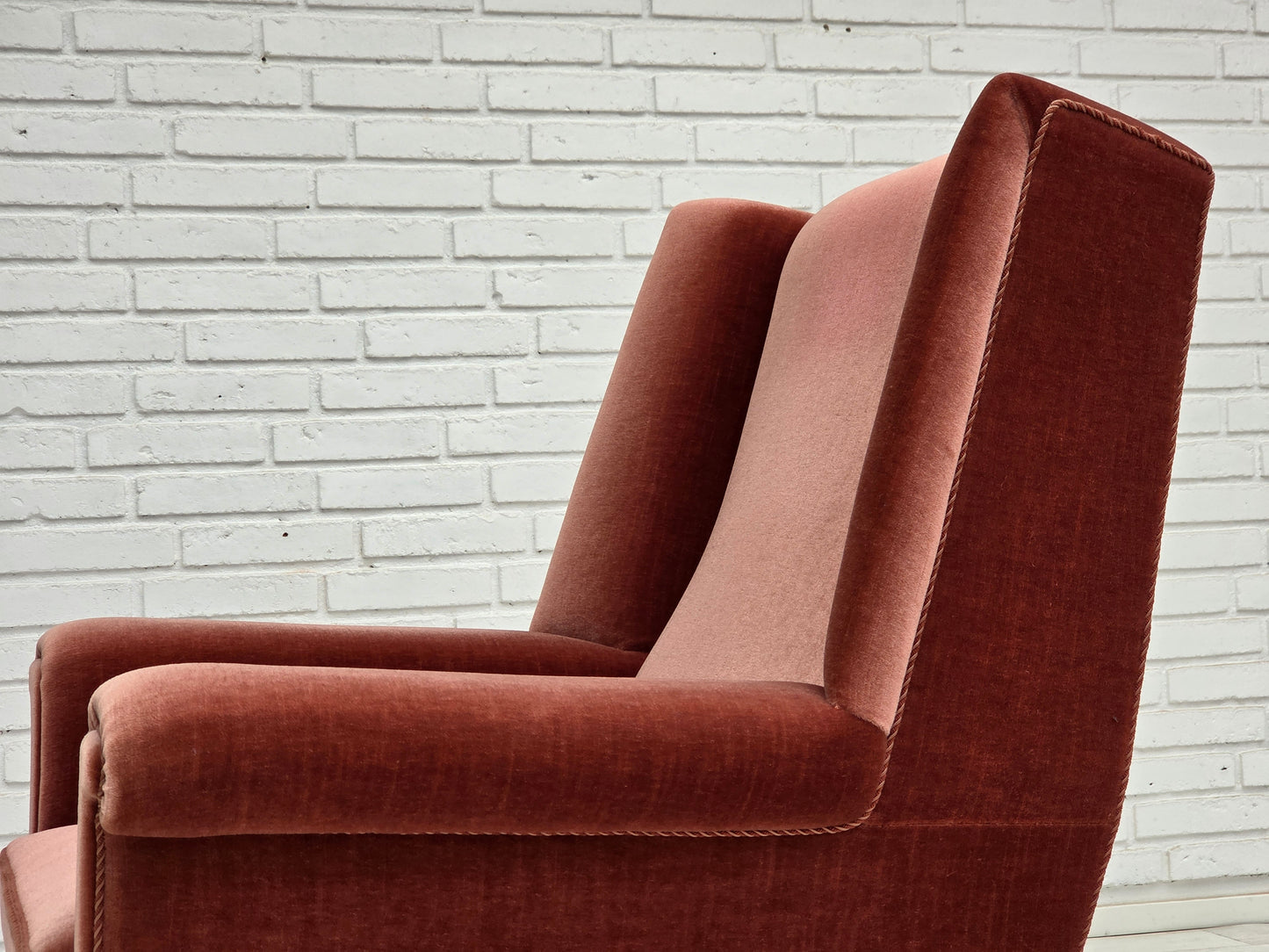 1970s, Danish highback armchair, salmon pink furniture velour, beech wood.