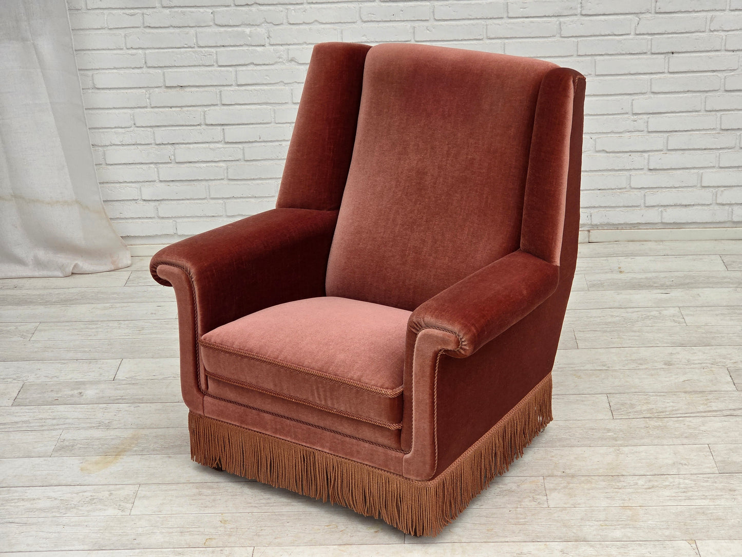 1970s, Danish highback armchair, salmon pink furniture velour, beech wood.