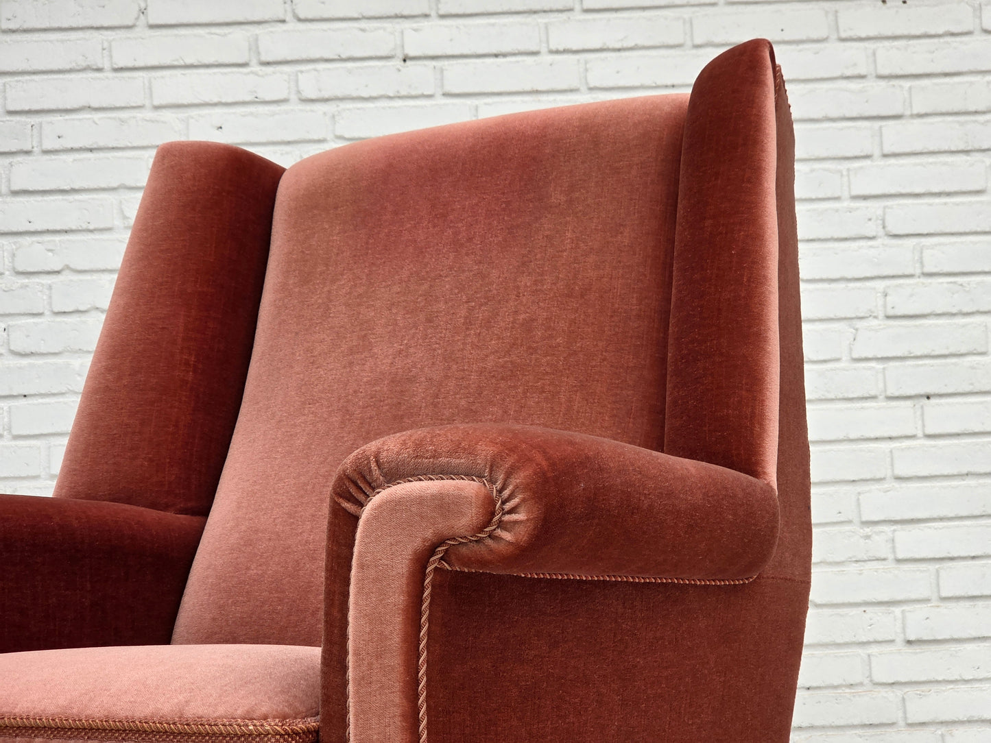 1970s, Danish highback armchair, salmon pink furniture velour, beech wood.