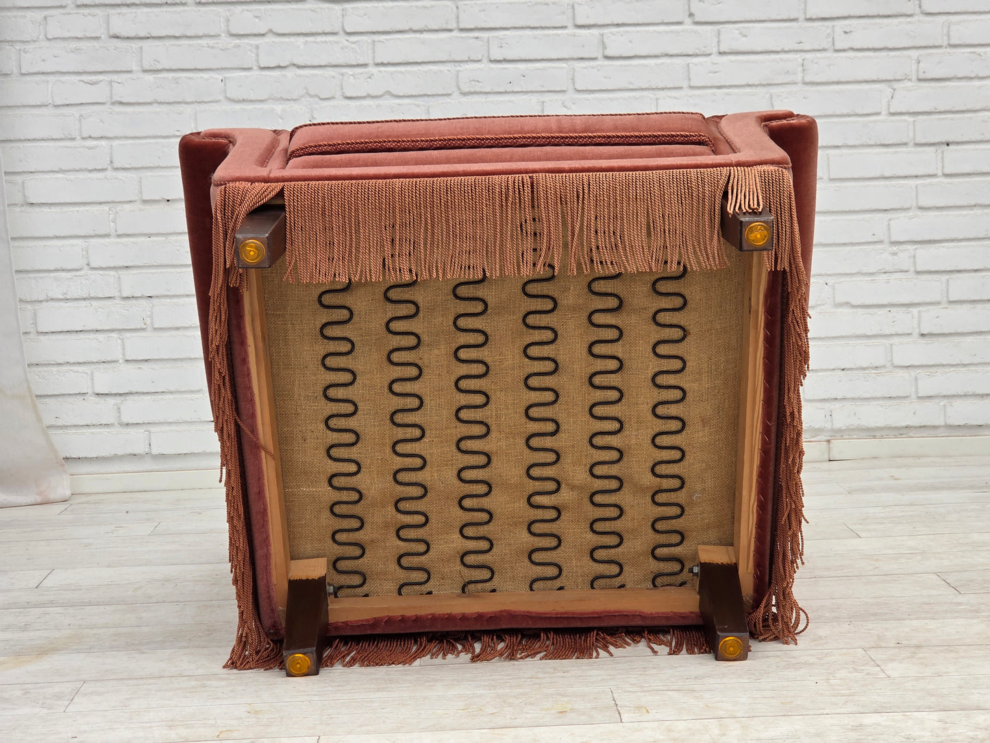 1970s, Danish highback armchair, salmon pink furniture velour, beech wood.