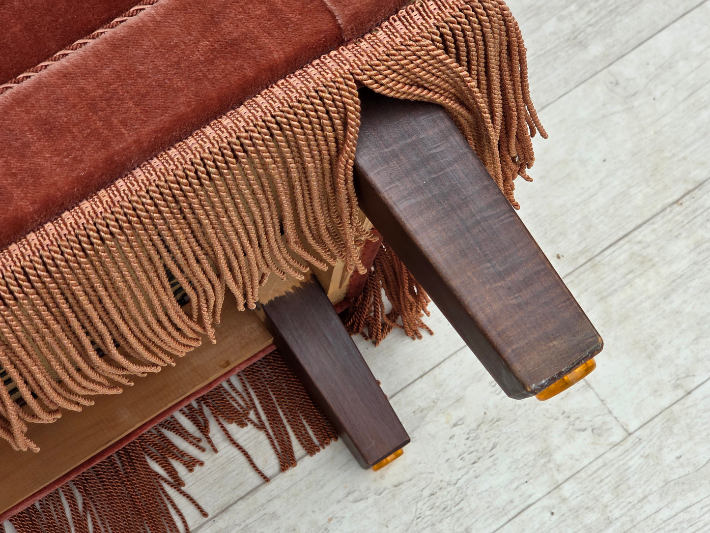 1970s, Danish highback armchair, salmon pink furniture velour, beech wood.