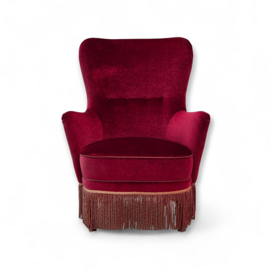 1970s, Danish highback armchair, red furniture velour, beech wood.
