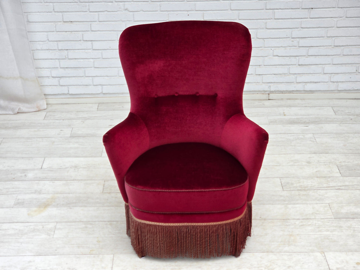 1970s, Danish highback armchair, red furniture velour, beech wood.