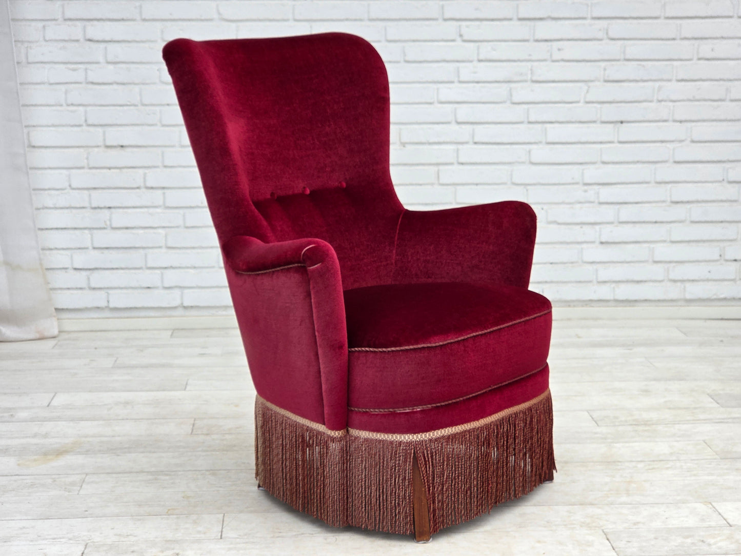 1970s, Danish highback armchair, red furniture velour, beech wood.