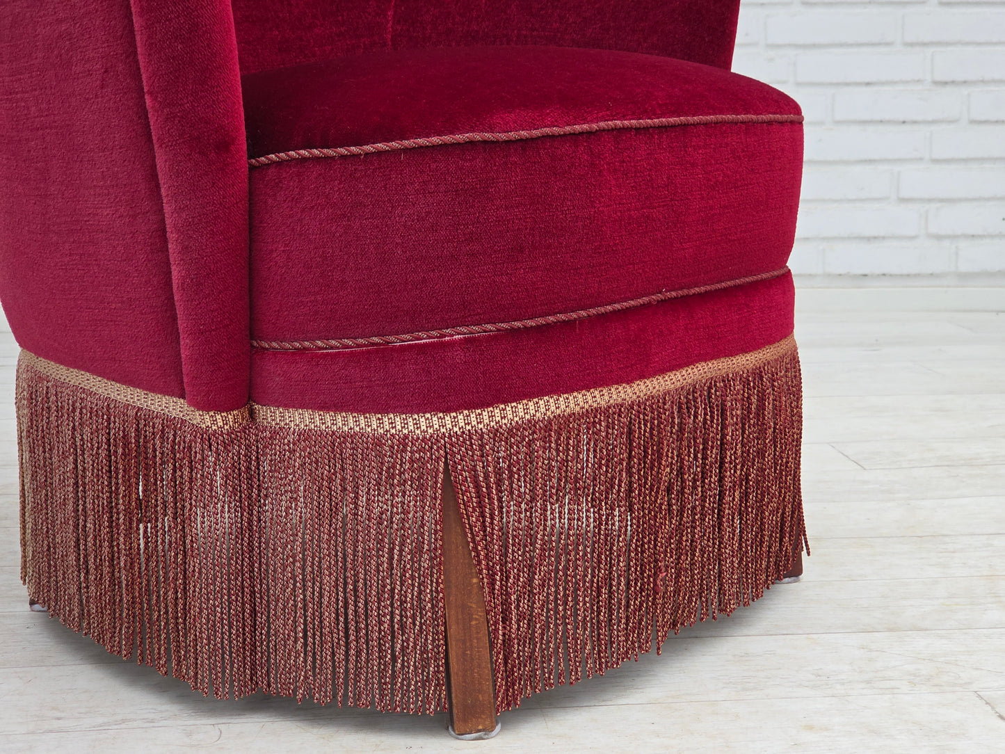1970s, Danish highback armchair, red furniture velour, beech wood.