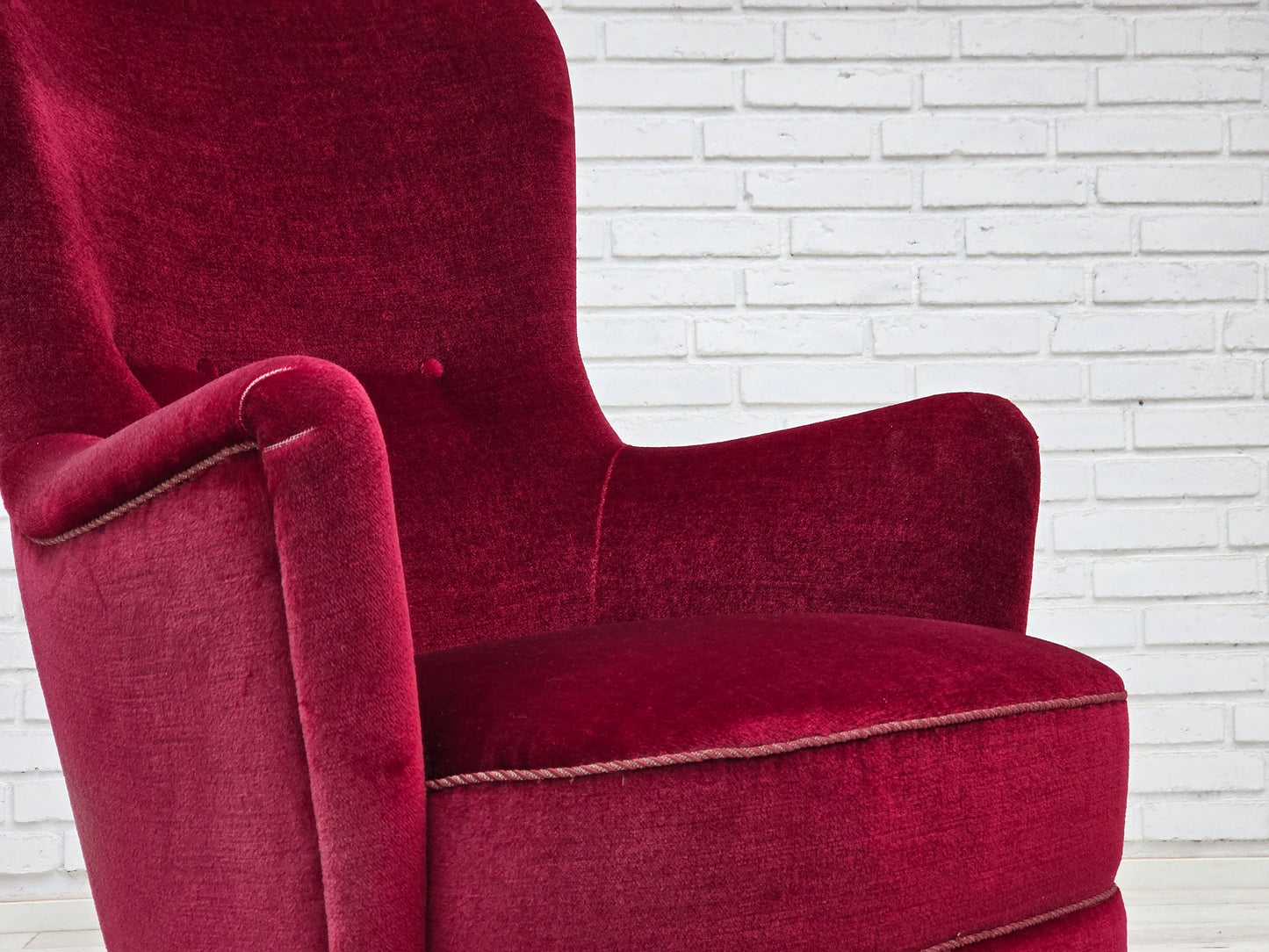 1970s, Danish highback armchair, red furniture velour, beech wood.