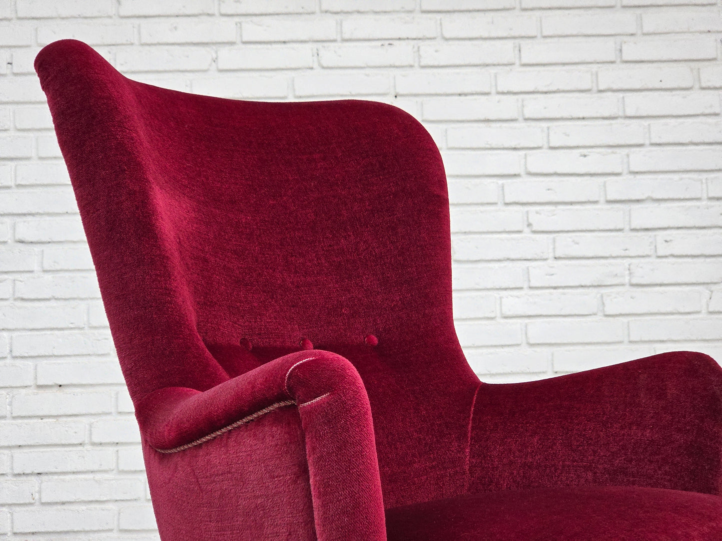 1970s, Danish highback armchair, red furniture velour, beech wood.