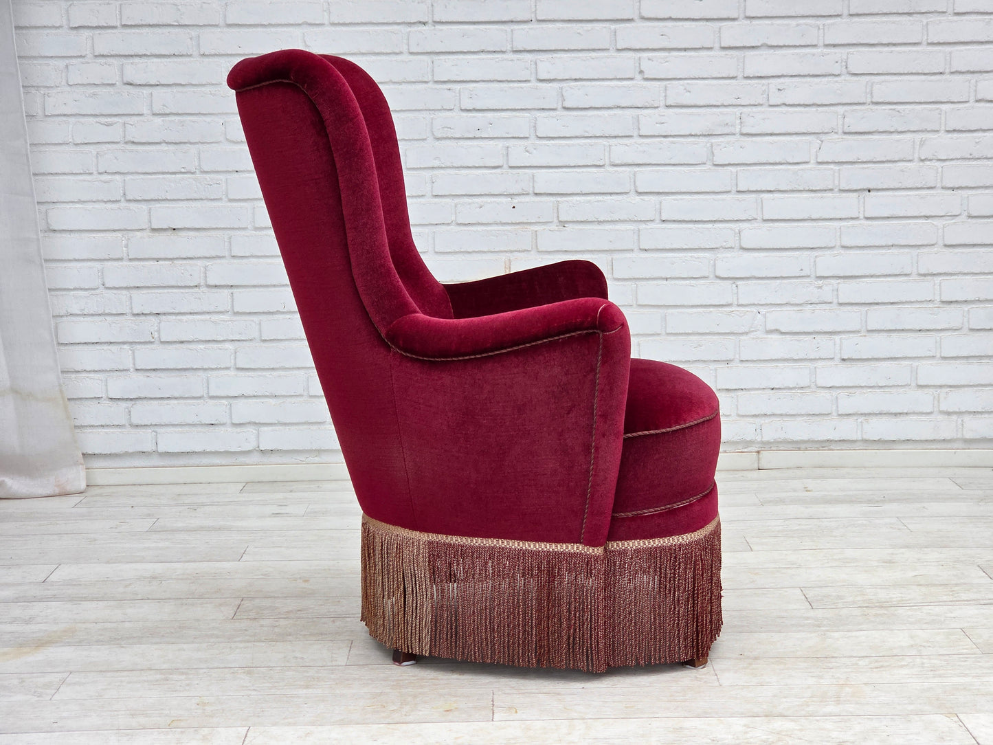 1970s, Danish highback armchair, red furniture velour, beech wood.