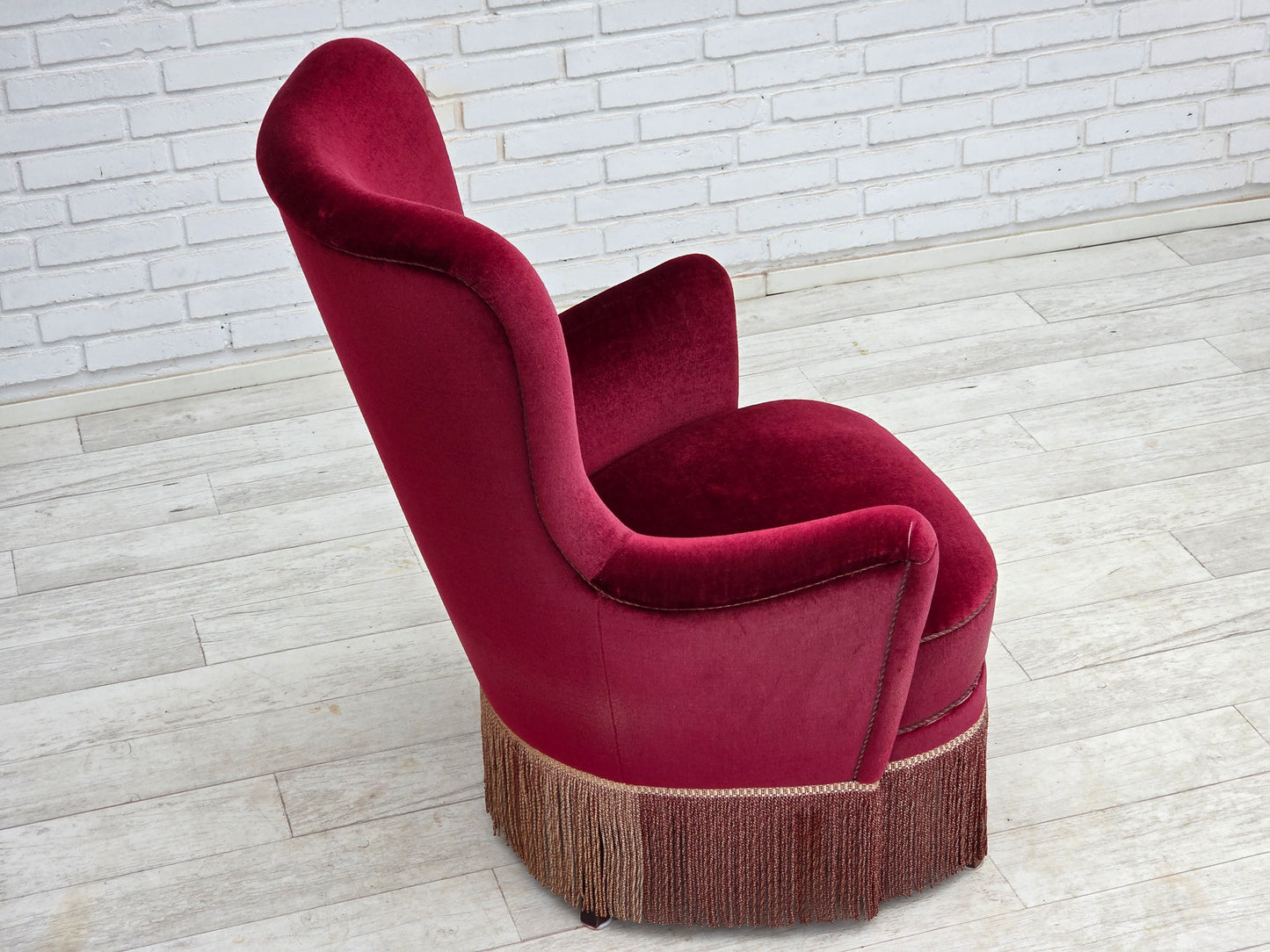 1970s, Danish highback armchair, red furniture velour, beech wood.
