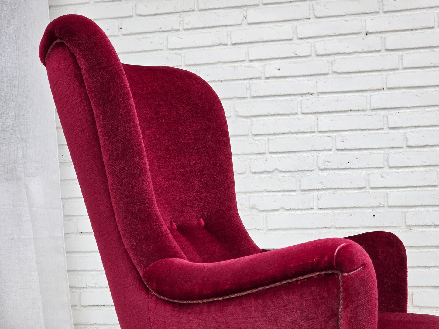 1970s, Danish highback armchair, red furniture velour, beech wood.