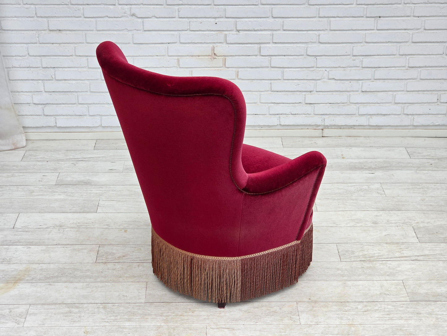 1970s, Danish highback armchair, red furniture velour, beech wood.