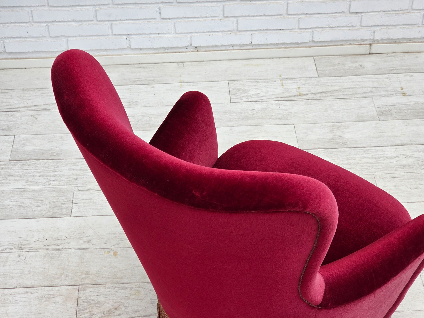 1970s, Danish highback armchair, red furniture velour, beech wood.