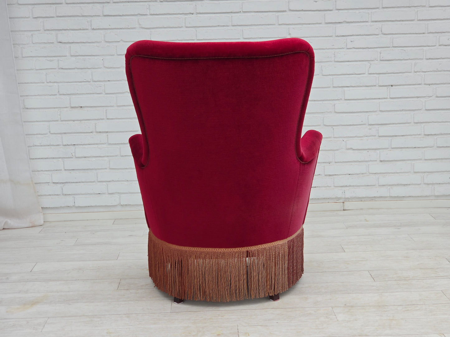 1970s, Danish highback armchair, red furniture velour, beech wood.