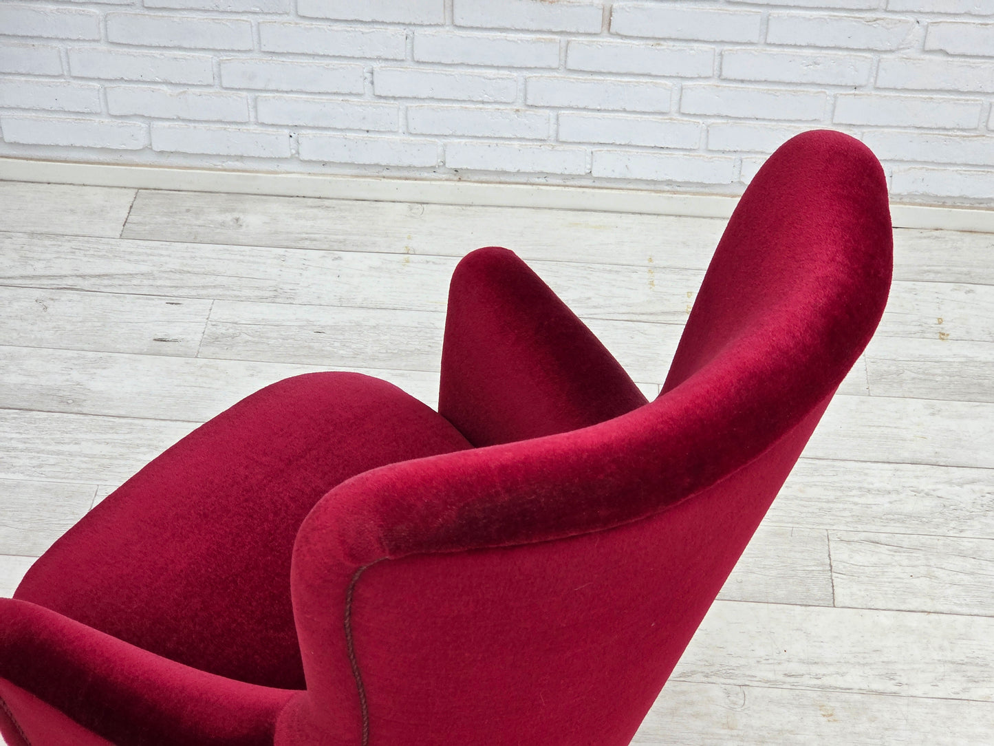 1970s, Danish highback armchair, red furniture velour, beech wood.