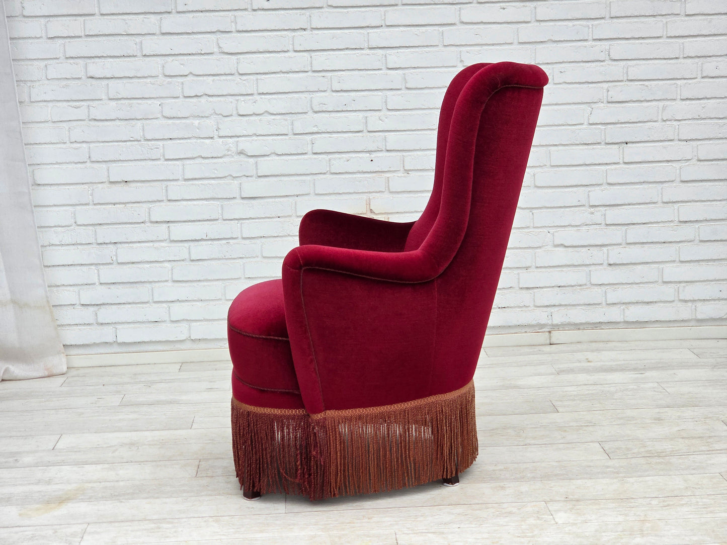 1970s, Danish highback armchair, red furniture velour, beech wood.