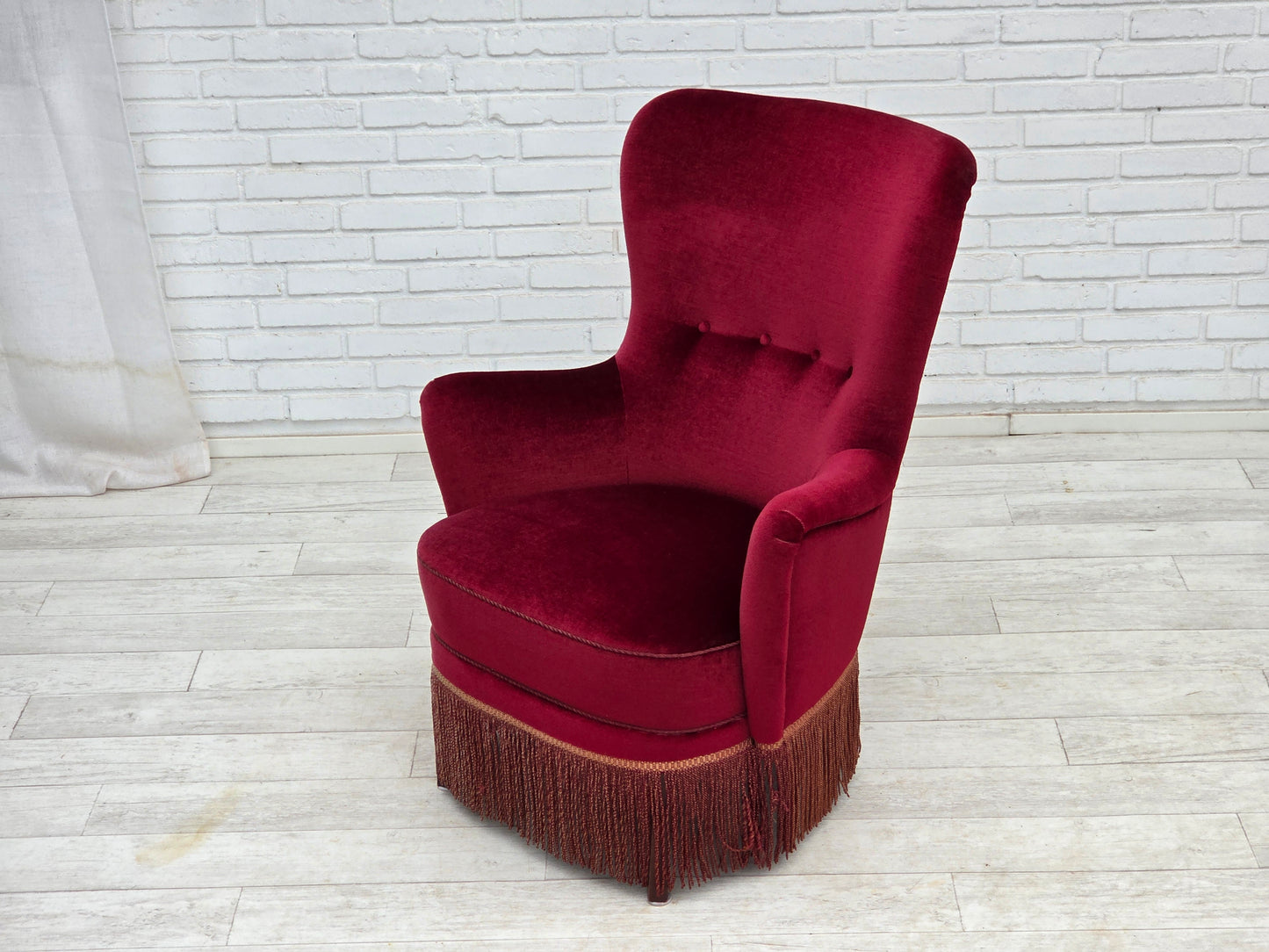 1970s, Danish highback armchair, red furniture velour, beech wood.