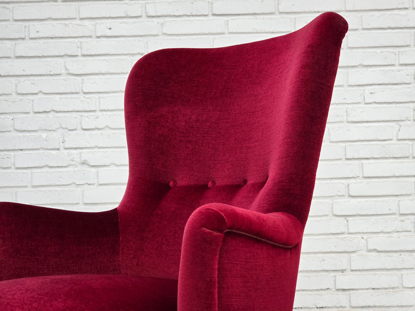 1970s, Danish highback armchair, red furniture velour, beech wood.