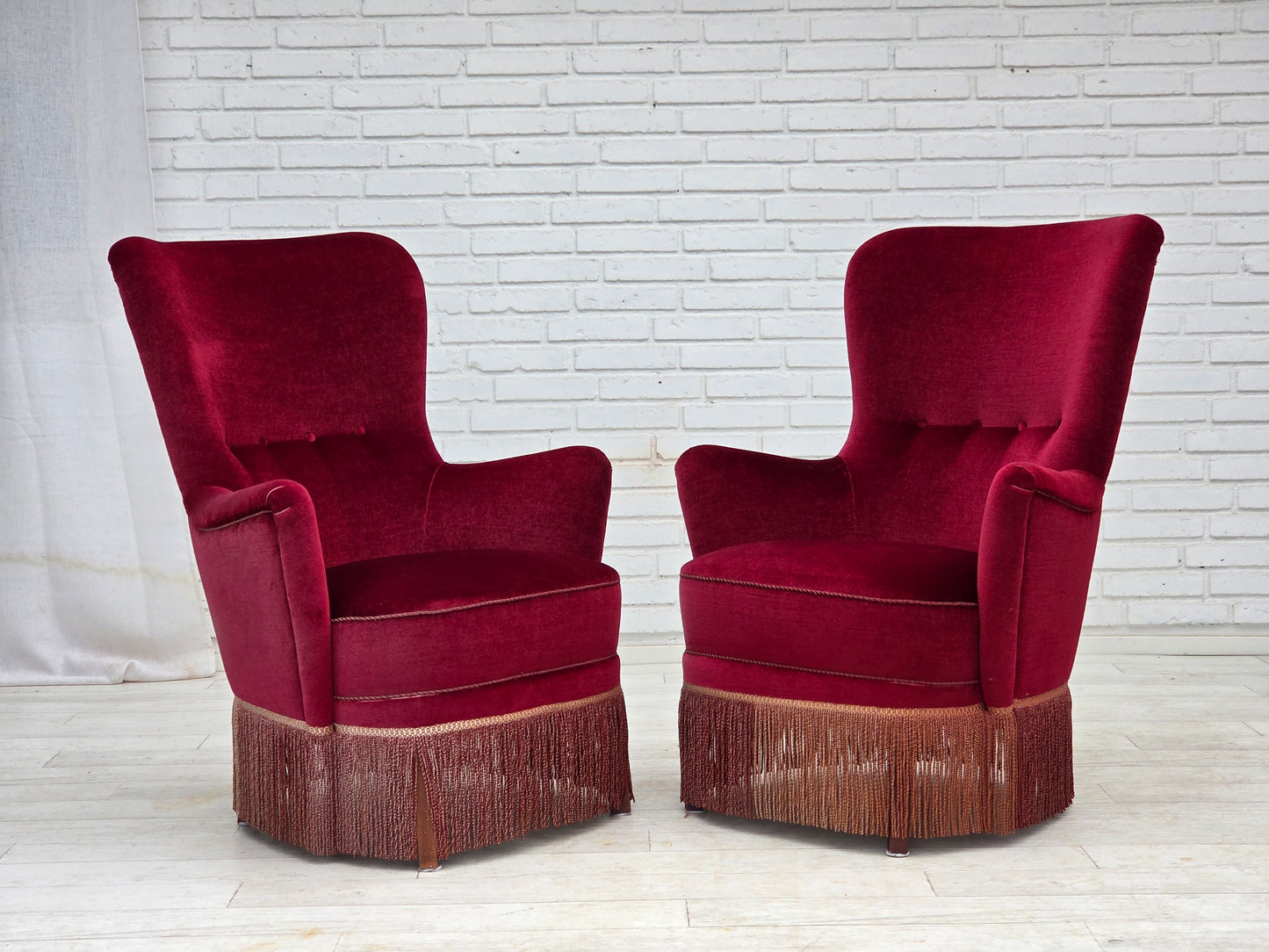 1970s, Danish highback armchair, red furniture velour, beech wood.