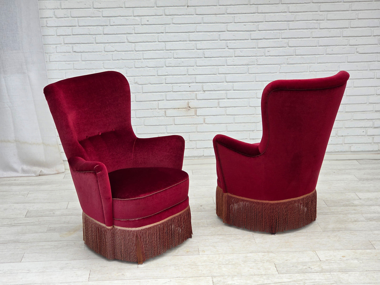 1970s, Danish highback armchair, red furniture velour, beech wood.