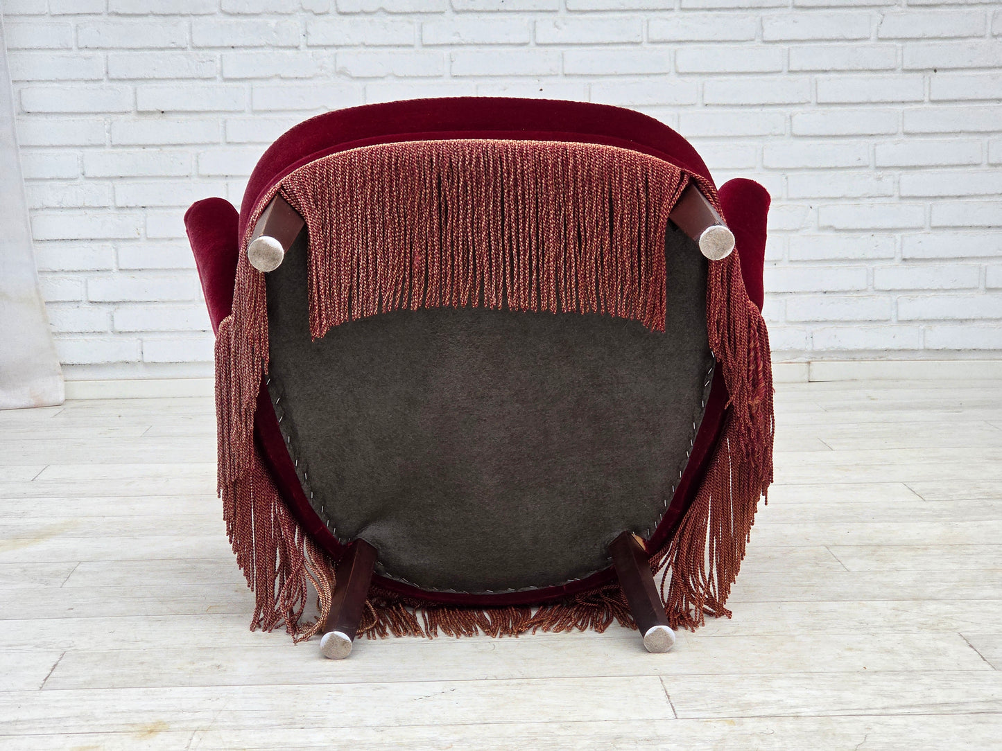 1970s, Danish highback armchair, red furniture velour, beech wood.