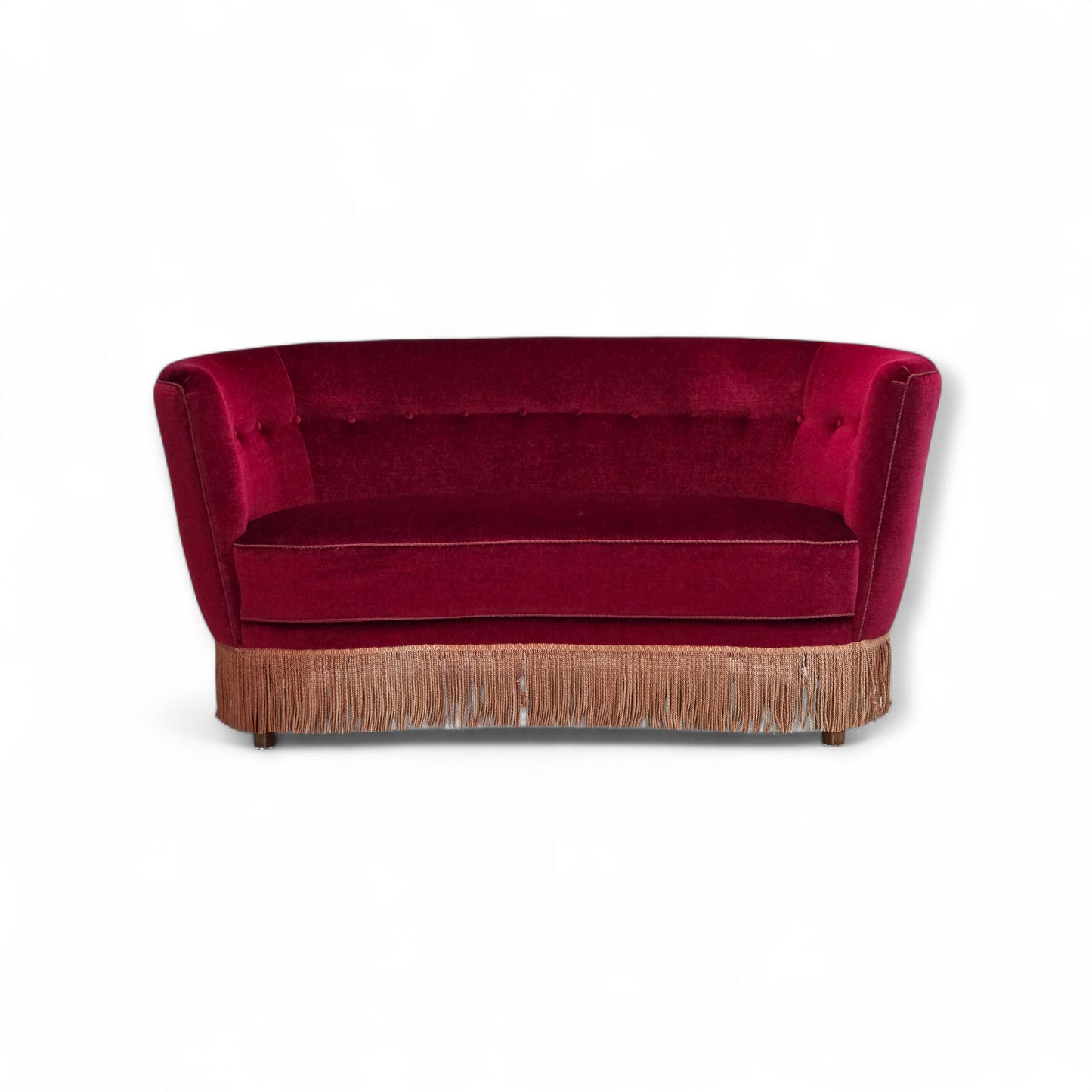 1970s, Danish 2-seater curved sofa, red furniture velour, beech wood.